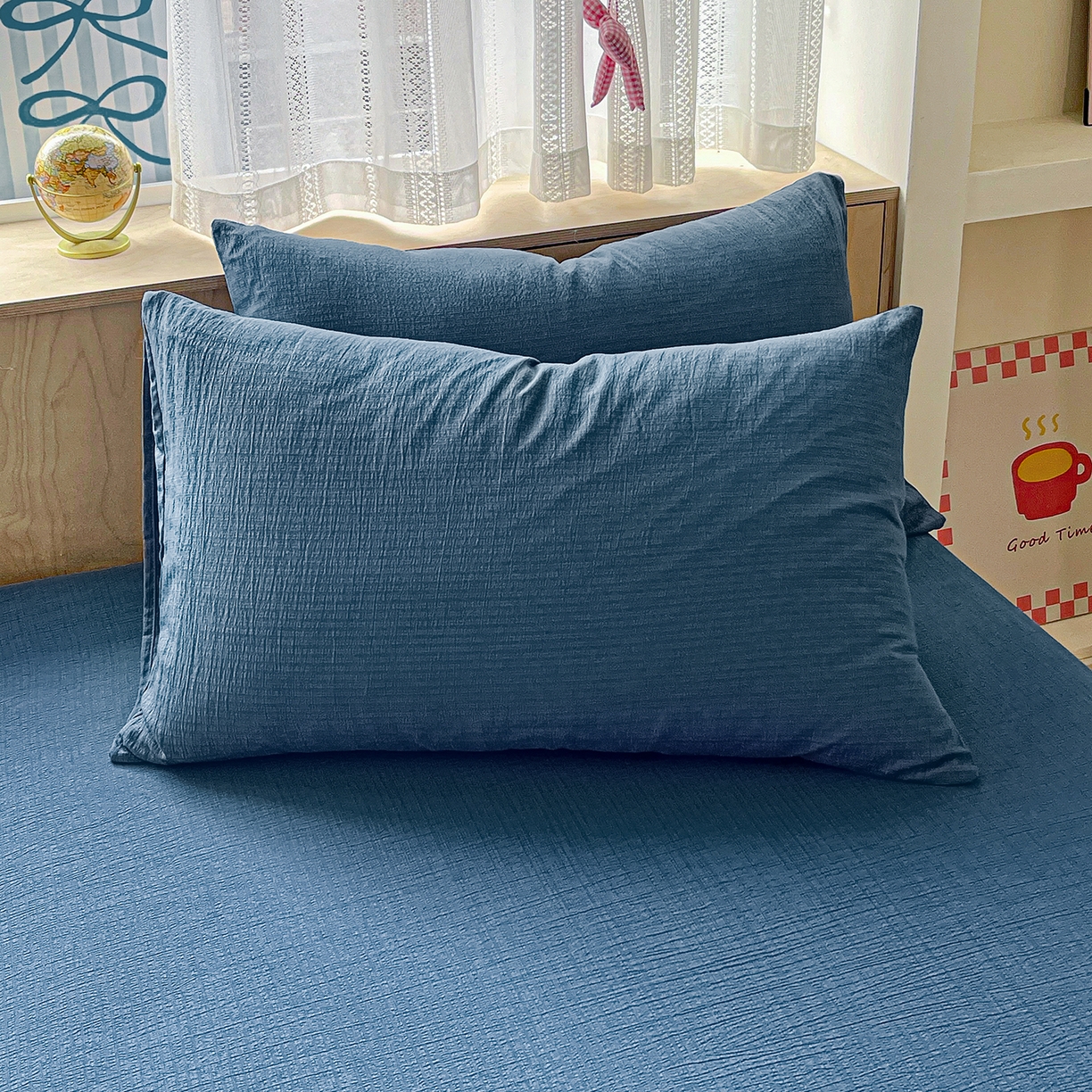 91家纺网 家纺一手货源 找家纺 彩韵家纺 2025新款超柔云感双层纱床笠 双层纱-深蓝