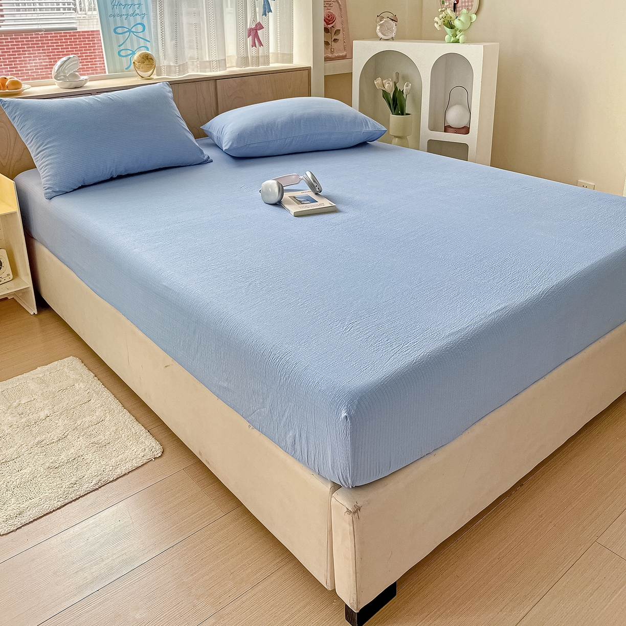 91家纺网 家纺一手货源 找家纺 彩韵家纺 2025新款超柔云感双层纱床笠 双层纱-天蓝