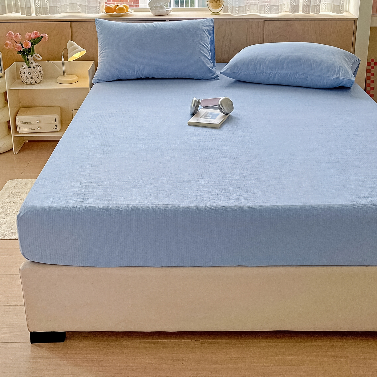 91家纺网 家纺一手货源 找家纺 彩韵家纺 2025新款超柔云感双层纱床笠 双层纱-天蓝