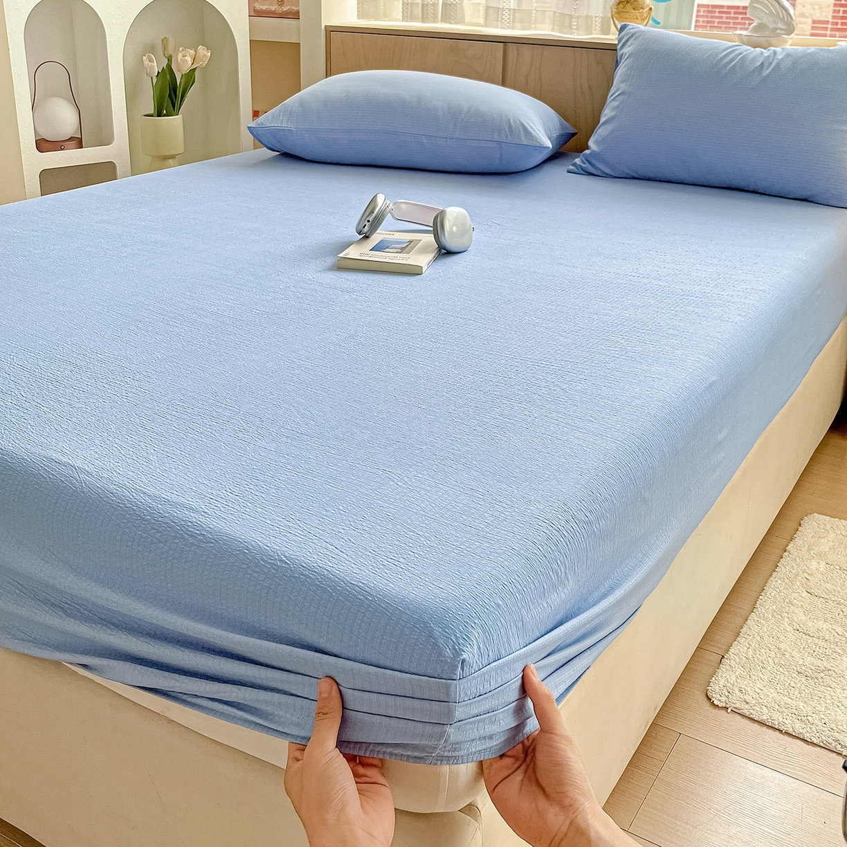 彩韵家纺 2025新款超柔云感双层纱床笠 双层纱-天蓝