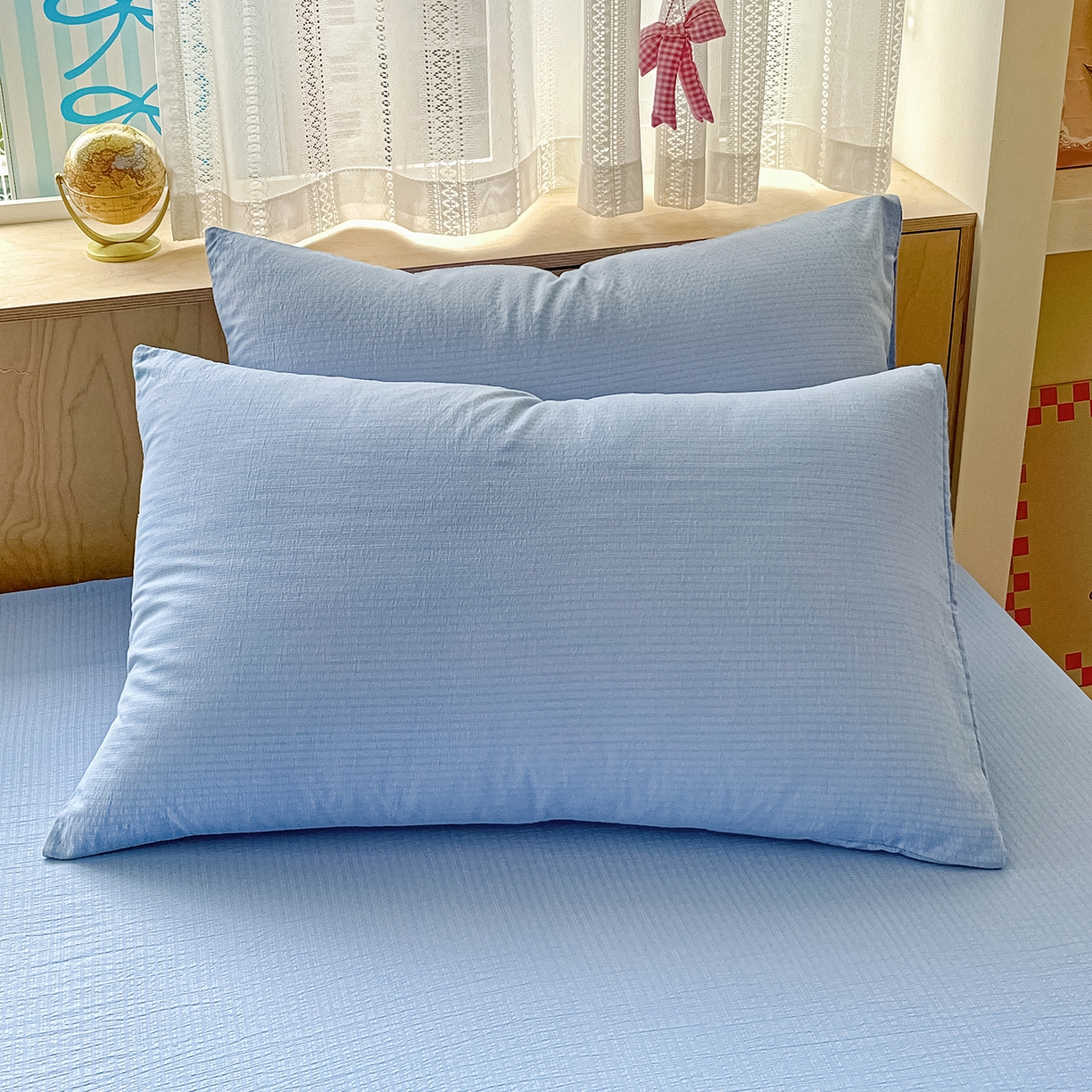 91家纺网 家纺一手货源 找家纺 彩韵家纺 2025新款超柔云感双层纱床笠 双层纱-天蓝