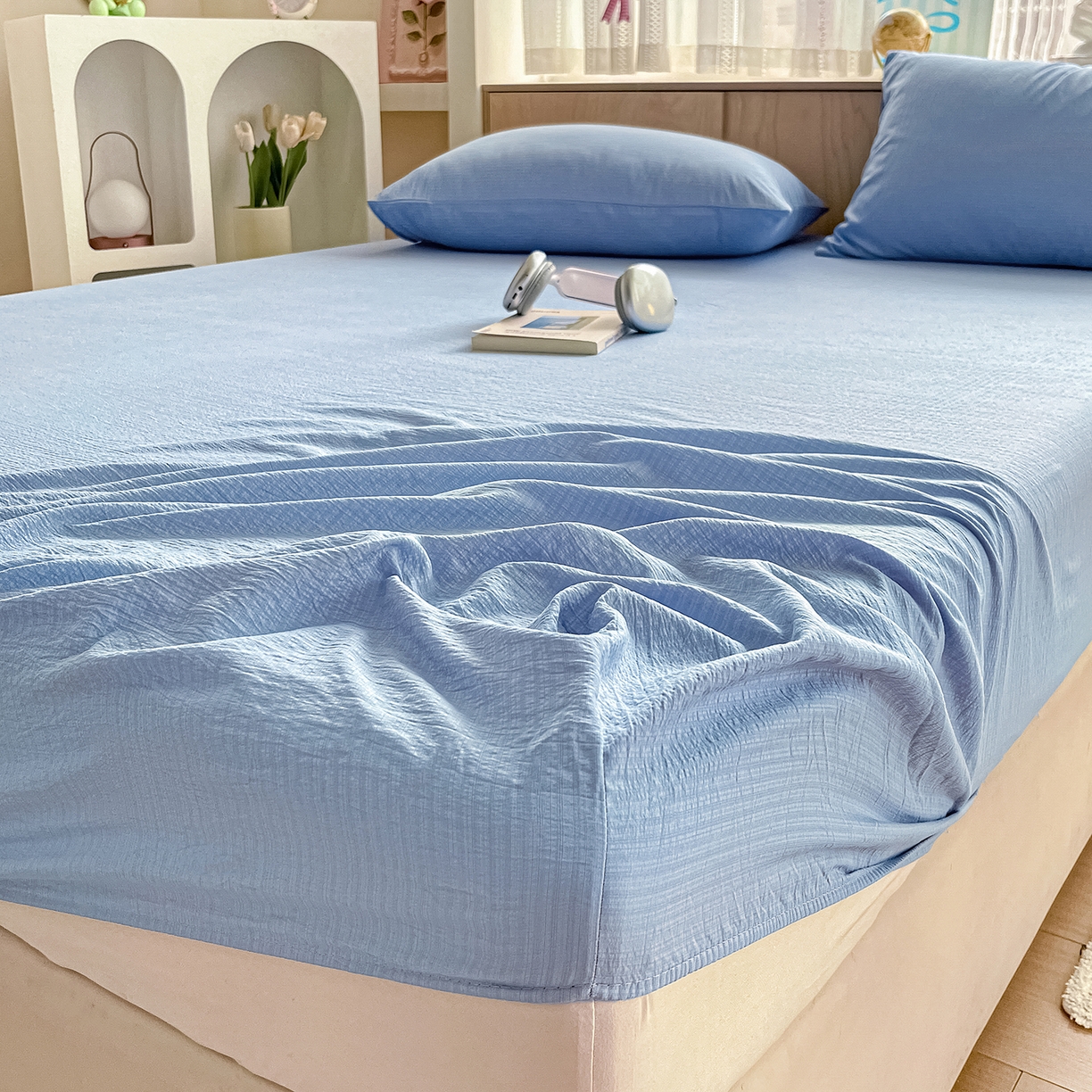 91家纺网 家纺一手货源 找家纺 彩韵家纺 2025新款超柔云感双层纱床笠 双层纱-天蓝