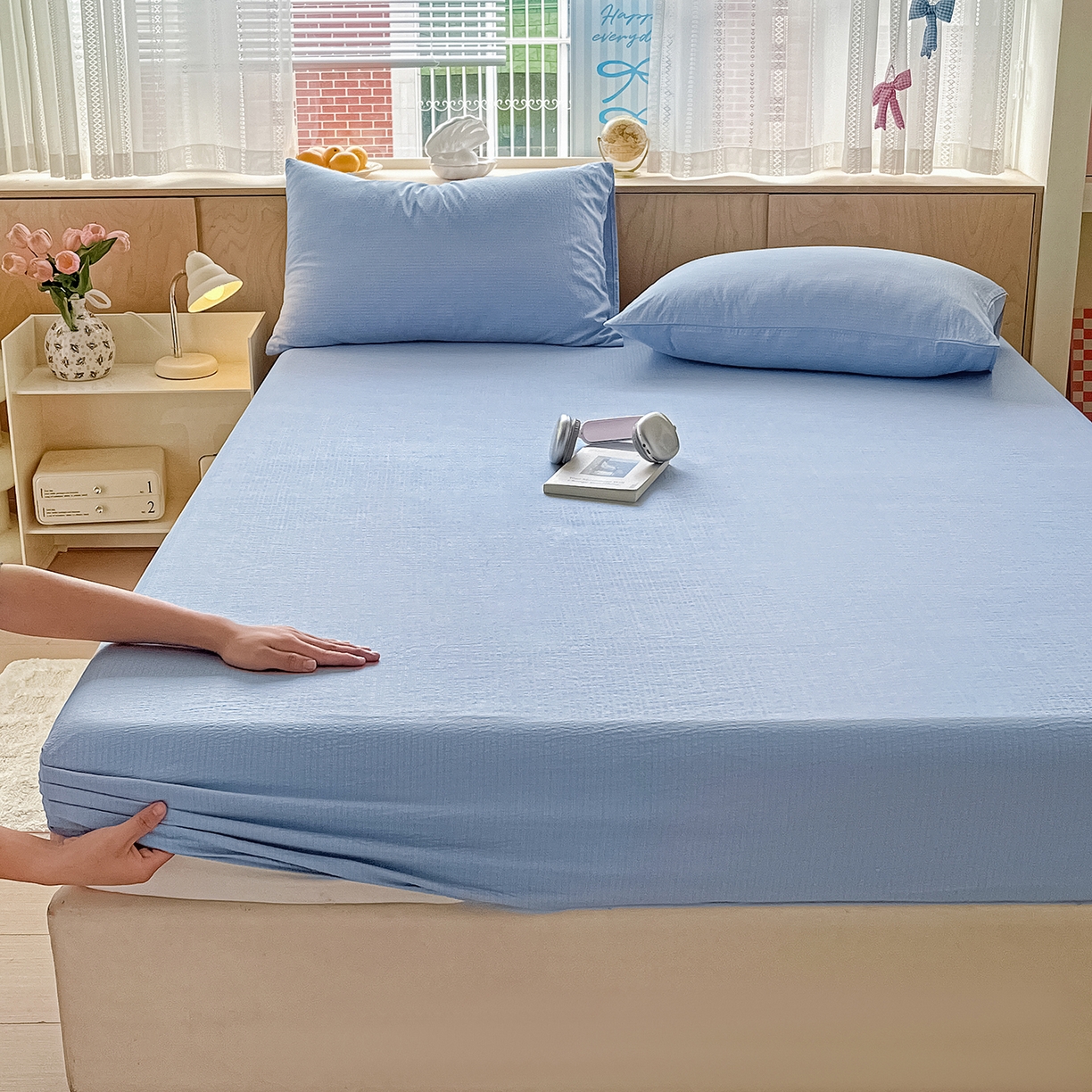 91家纺网 家纺一手货源 找家纺 彩韵家纺 2025新款超柔云感双层纱床笠 双层纱-天蓝