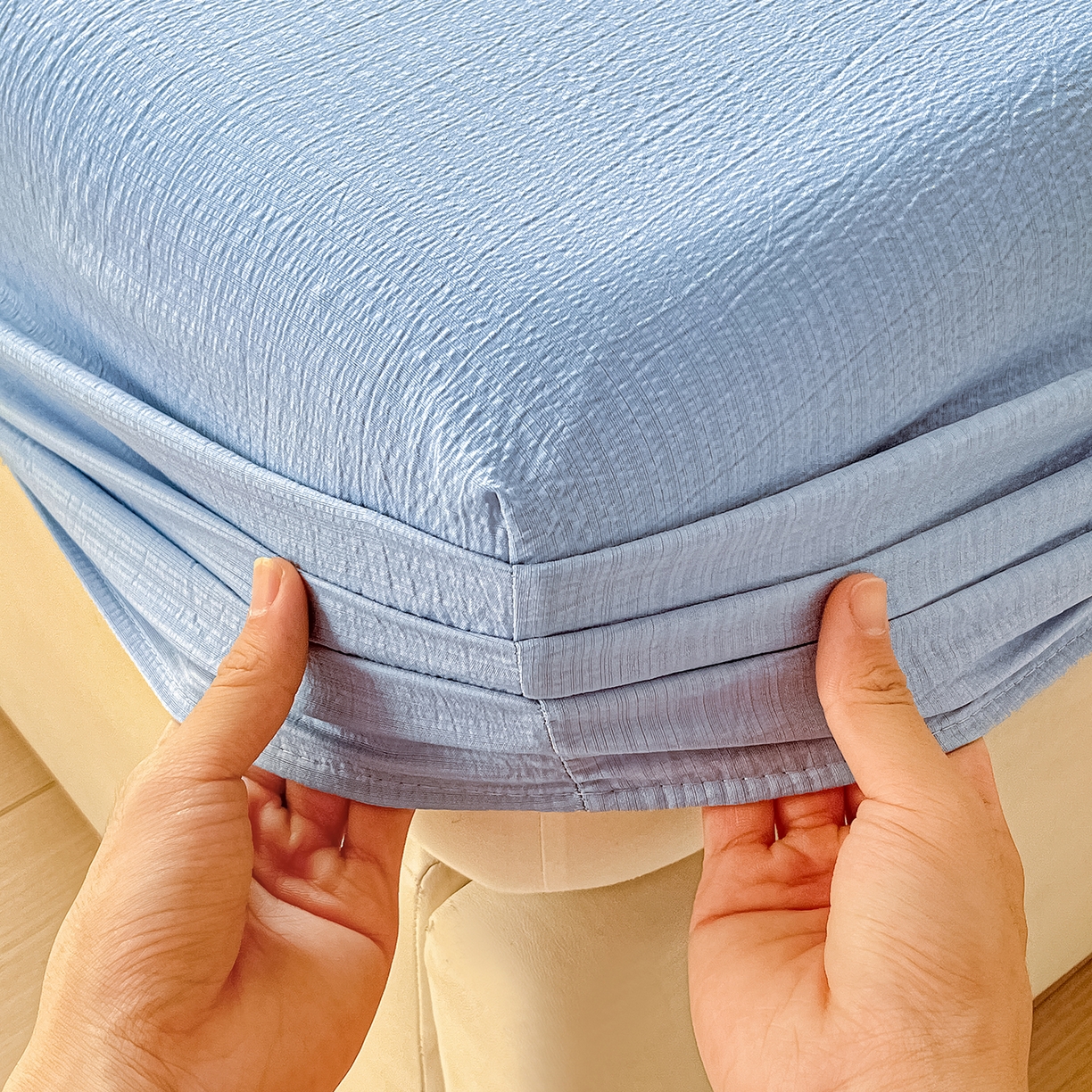 91家纺网 家纺一手货源 找家纺 彩韵家纺 2025新款超柔云感双层纱床笠 双层纱-天蓝