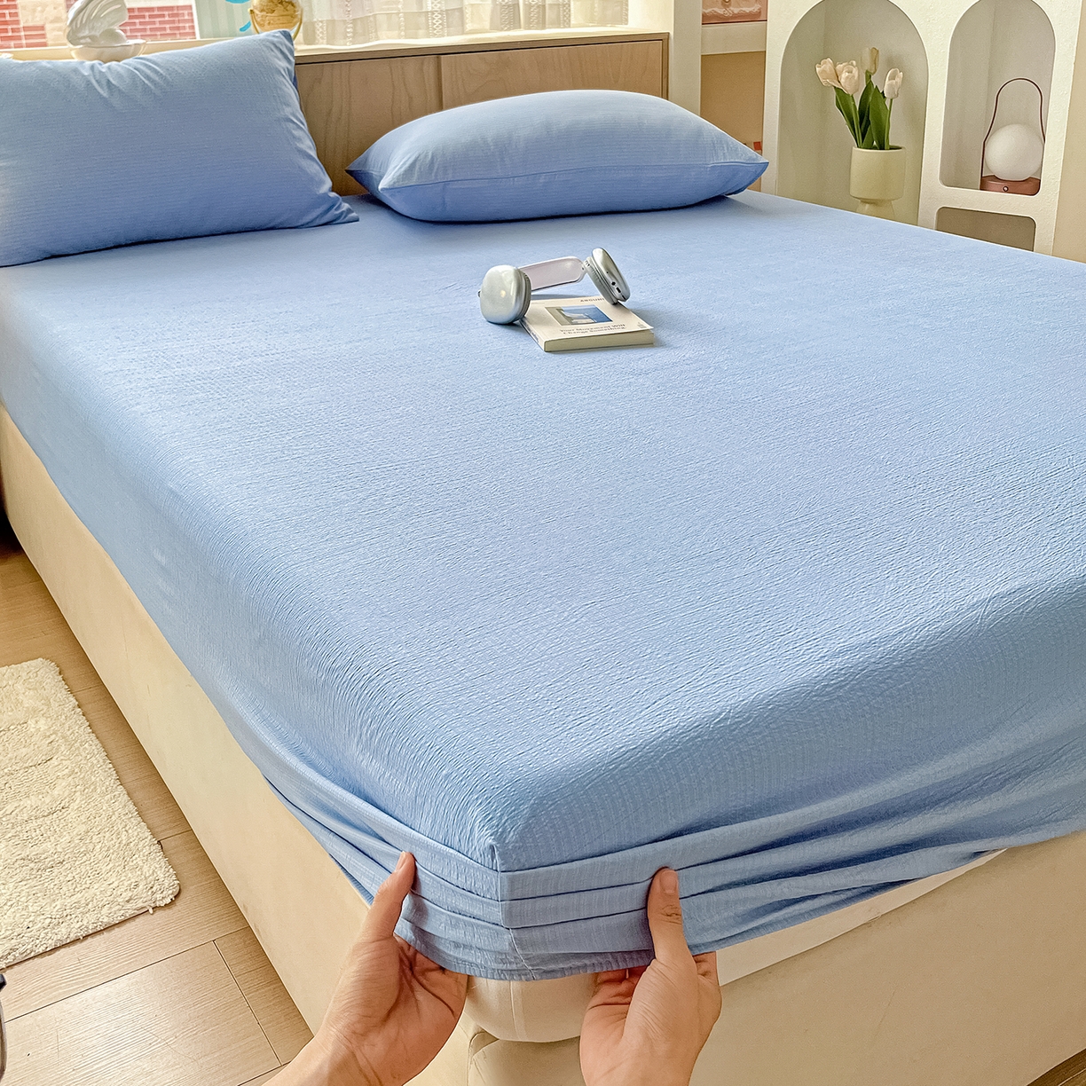 91家纺网 家纺一手货源 找家纺 彩韵家纺 2025新款超柔云感双层纱床笠 双层纱-天蓝