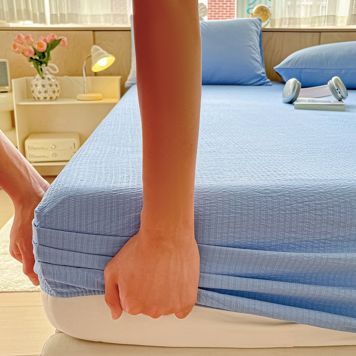 91家纺网 家纺一手货源 找家纺 彩韵家纺 2025新款超柔云感双层纱床笠 双层纱-天蓝