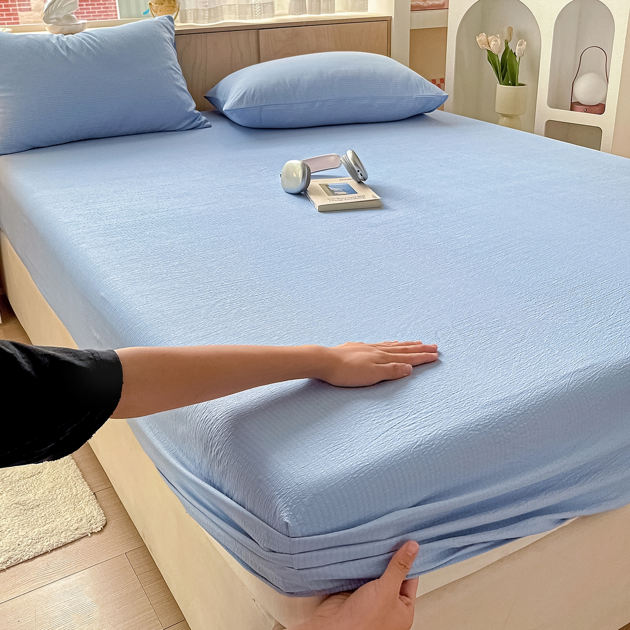 91家纺网 家纺一手货源 找家纺 彩韵家纺 2025新款超柔云感双层纱床笠 双层纱-天蓝