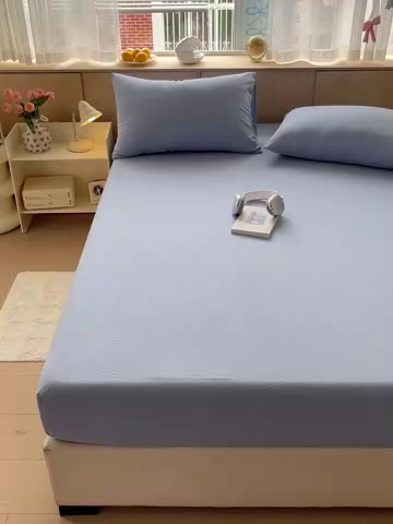 91家纺网 家纺一手货源 找家纺 彩韵家纺 2025新款超柔云感双层纱床笠 双层纱-天蓝