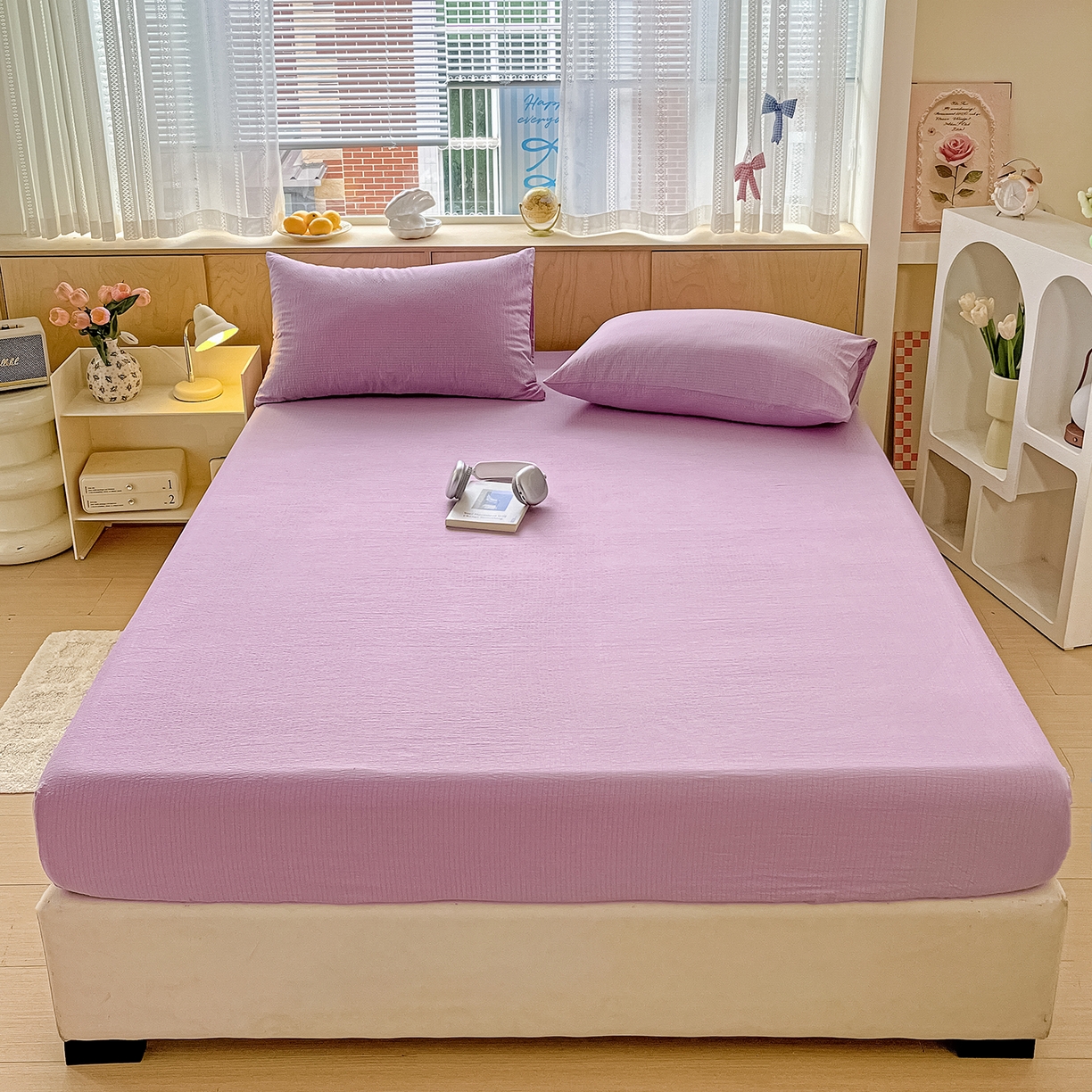 91家纺网 家纺一手货源 找家纺 彩韵家纺 2025新款超柔云感双层纱床笠 双层纱-紫色