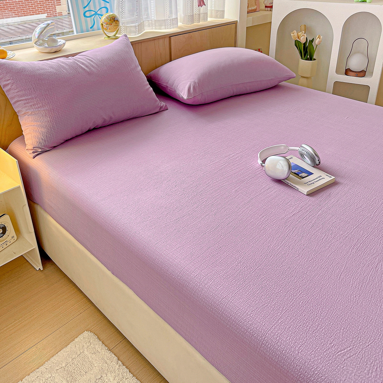 91家纺网 家纺一手货源 找家纺 彩韵家纺 2025新款超柔云感双层纱床笠 双层纱-紫色