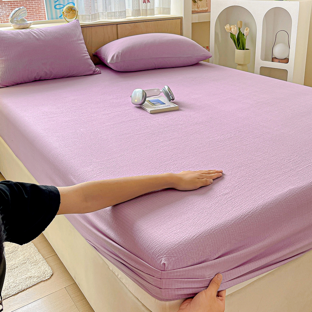 91家纺网 家纺一手货源 找家纺 彩韵家纺 2025新款超柔云感双层纱床笠 双层纱-紫色