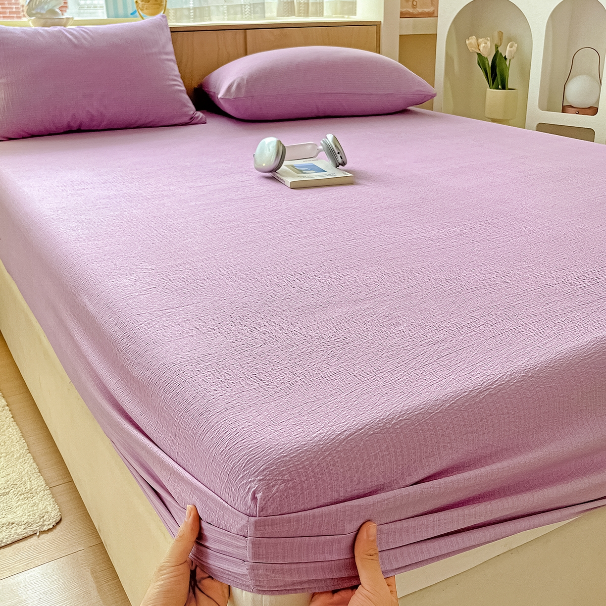 91家纺网 家纺一手货源 找家纺 彩韵家纺 2025新款超柔云感双层纱床笠 双层纱-紫色