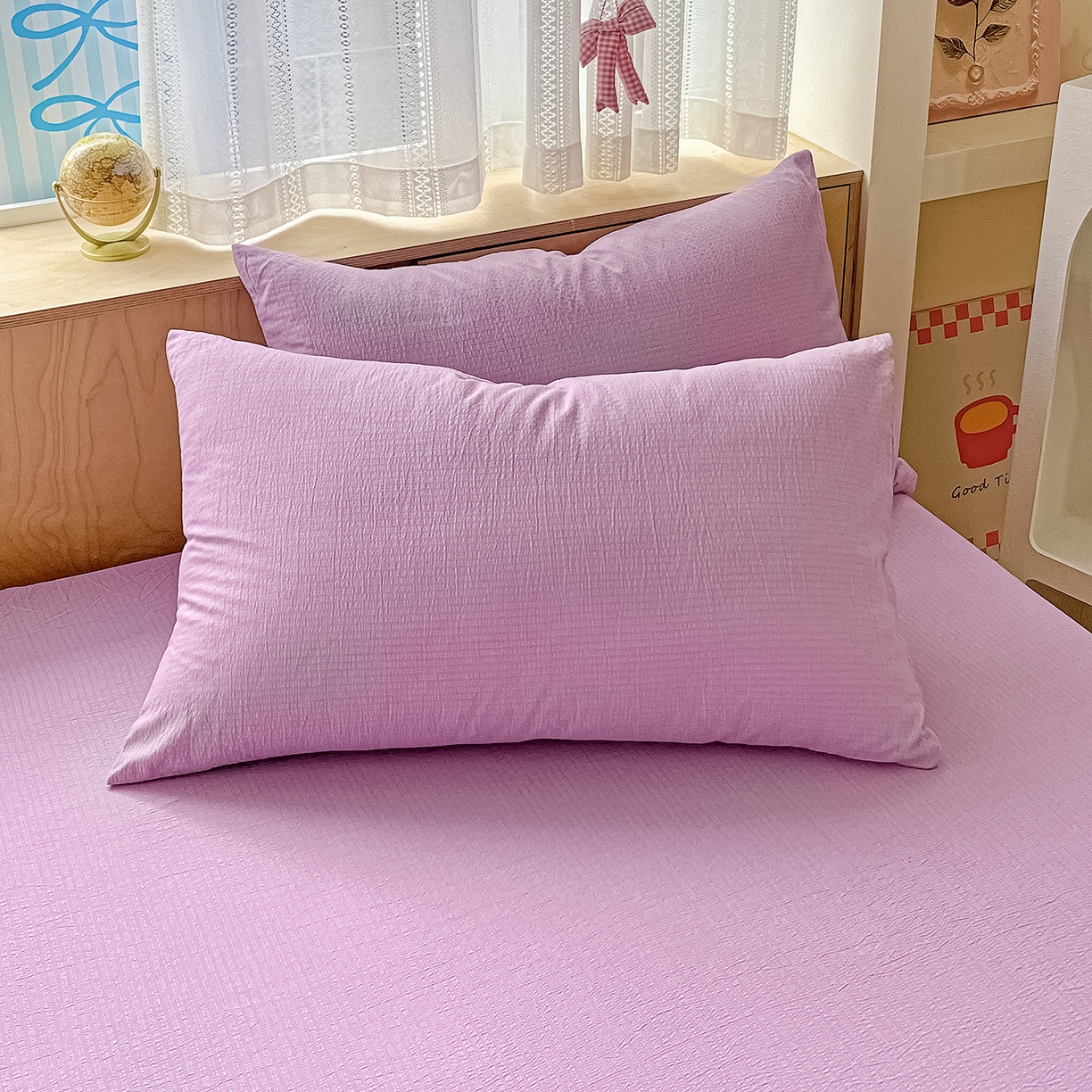 91家纺网 家纺一手货源 找家纺 彩韵家纺 2025新款超柔云感双层纱床笠 双层纱-紫色