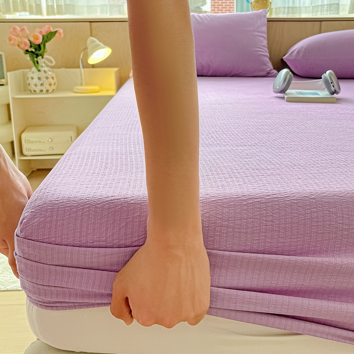 91家纺网 家纺一手货源 找家纺 彩韵家纺 2025新款超柔云感双层纱床笠 双层纱-紫色