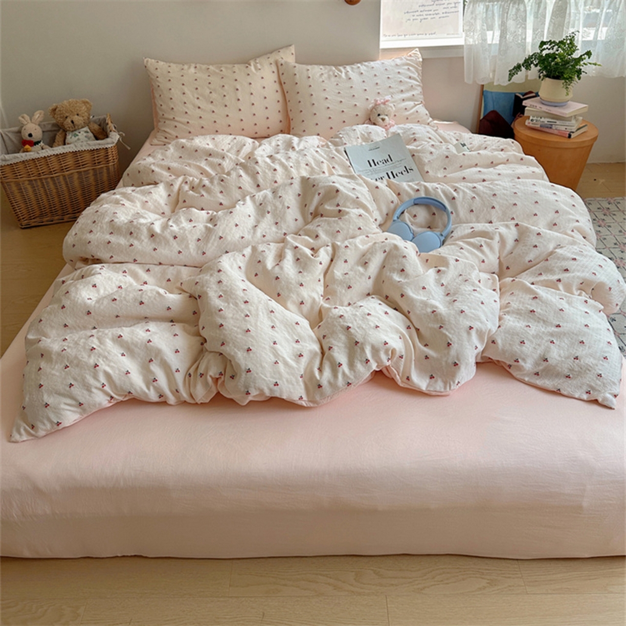 91家纺网 家纺一手货源 找家纺 （总）轻奢坊 2025新款小樱桃大提花剪花水洗棉密拷花边四件套