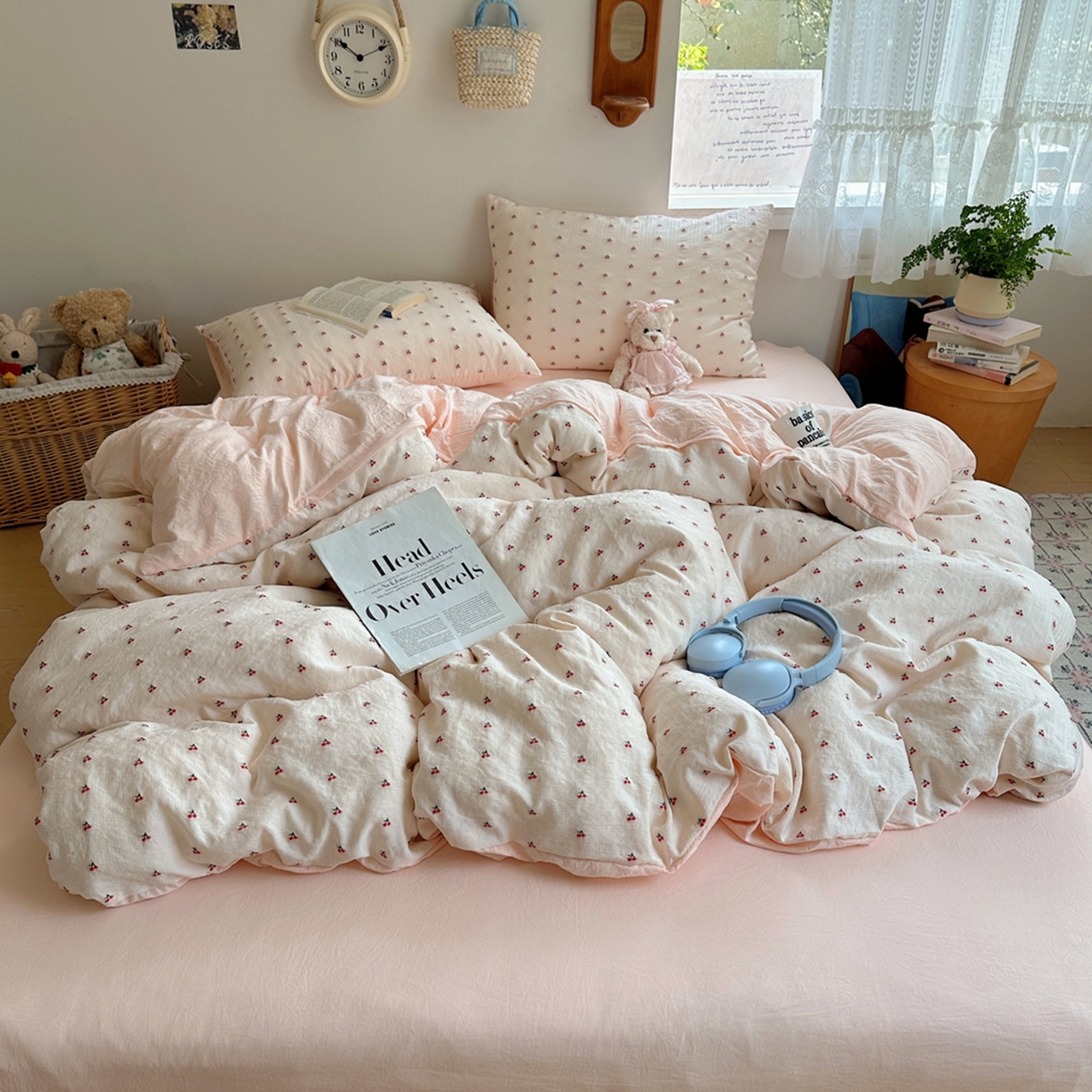 轻奢坊 2025新款小樱桃大提花剪花水洗棉密拷花边四件套 基础款小樱桃初荷粉