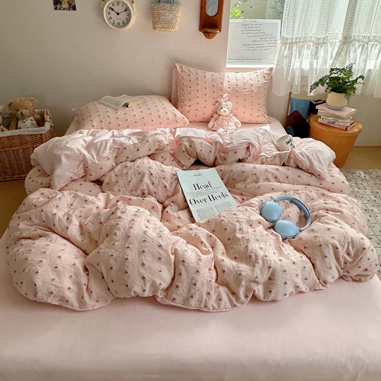 轻奢坊 2025新款小樱桃大提花剪花水洗棉密拷花边四件套 基础款小樱桃珊瑚粉