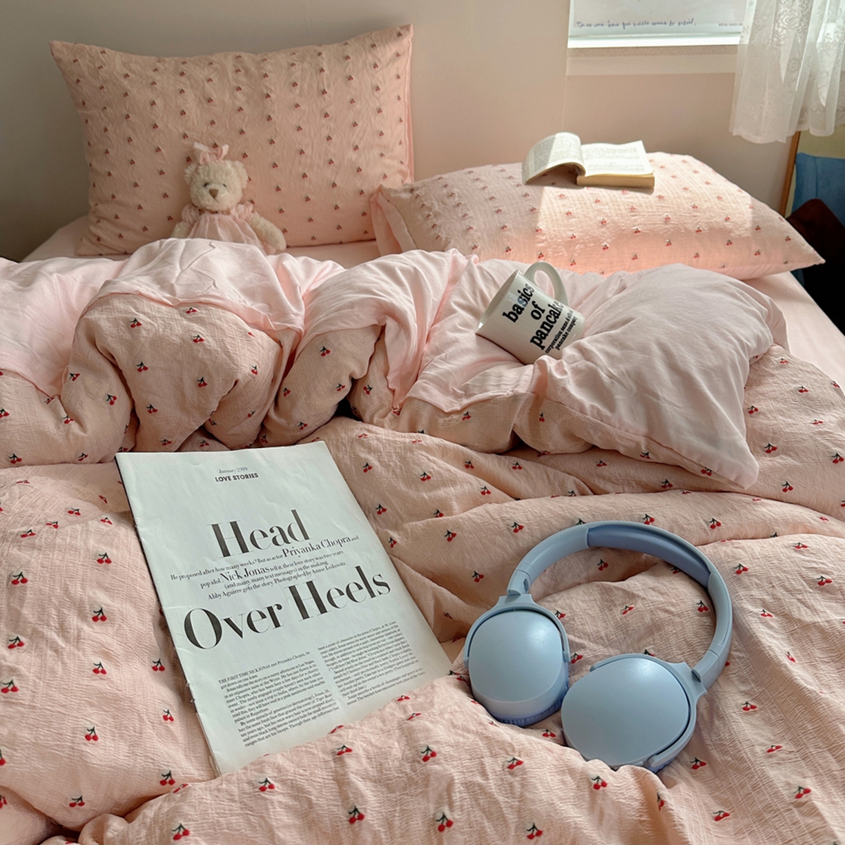 91家纺网 家纺一手货源 找家纺 轻奢坊 2025新款小樱桃大提花剪花水洗棉密拷花边四件套 基础款小樱桃珊瑚粉