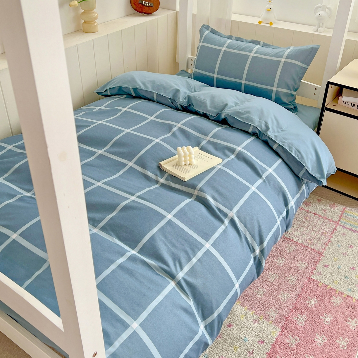 91家纺网 家纺一手货源 找家纺 楠沐家纺 2025新款格子系列芦荟棉学生三件套四件套 海蓝大格