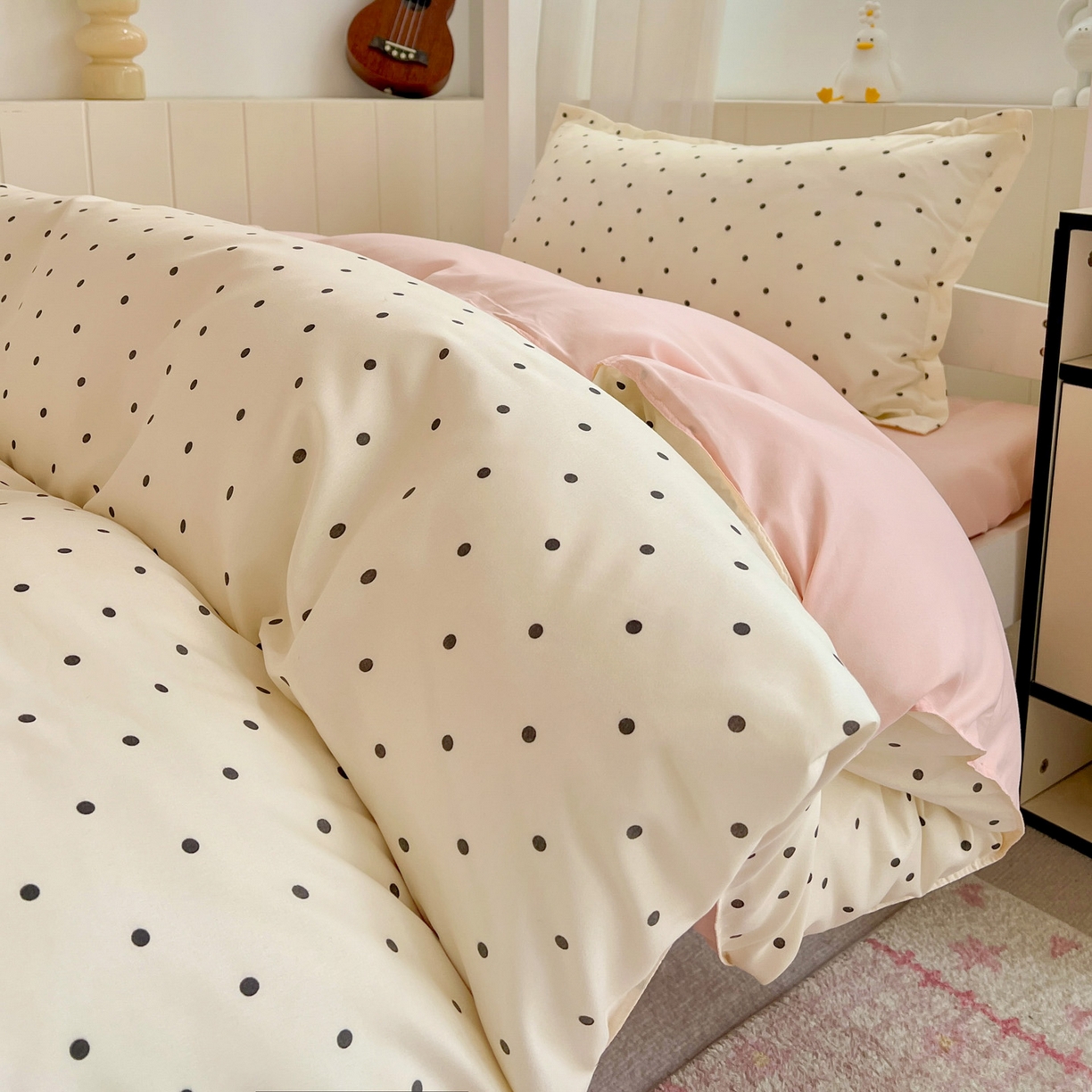 91家纺网 家纺一手货源 找家纺 楠沐家纺 2025新款格子系列芦荟棉学生三件套四件套 粉色波点