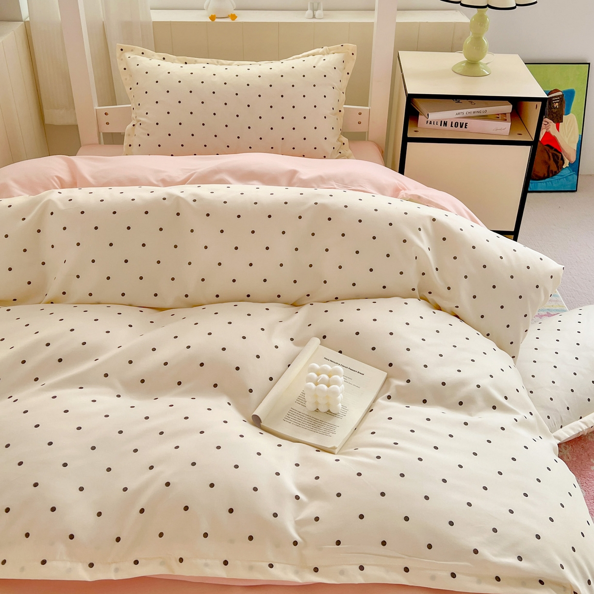 91家纺网 家纺一手货源 找家纺 楠沐家纺 2025新款格子系列芦荟棉学生三件套四件套 粉色波点