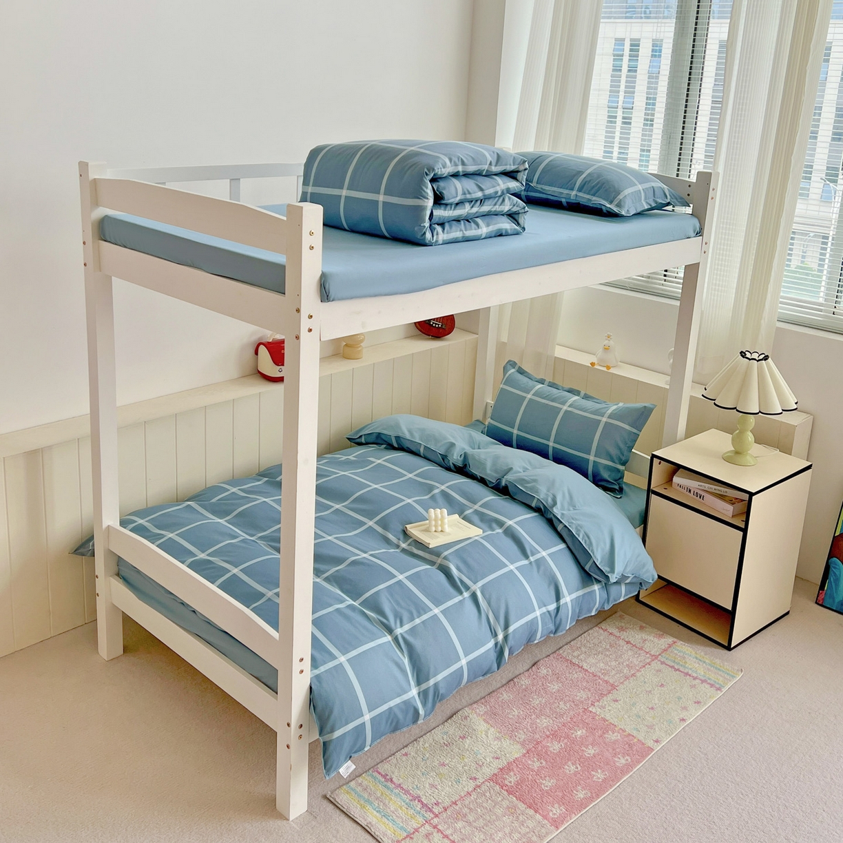 91家纺网 家纺一手货源 找家纺 楠沐家纺 2025新款格子系列芦荟棉学生三件套四件套 海蓝大格