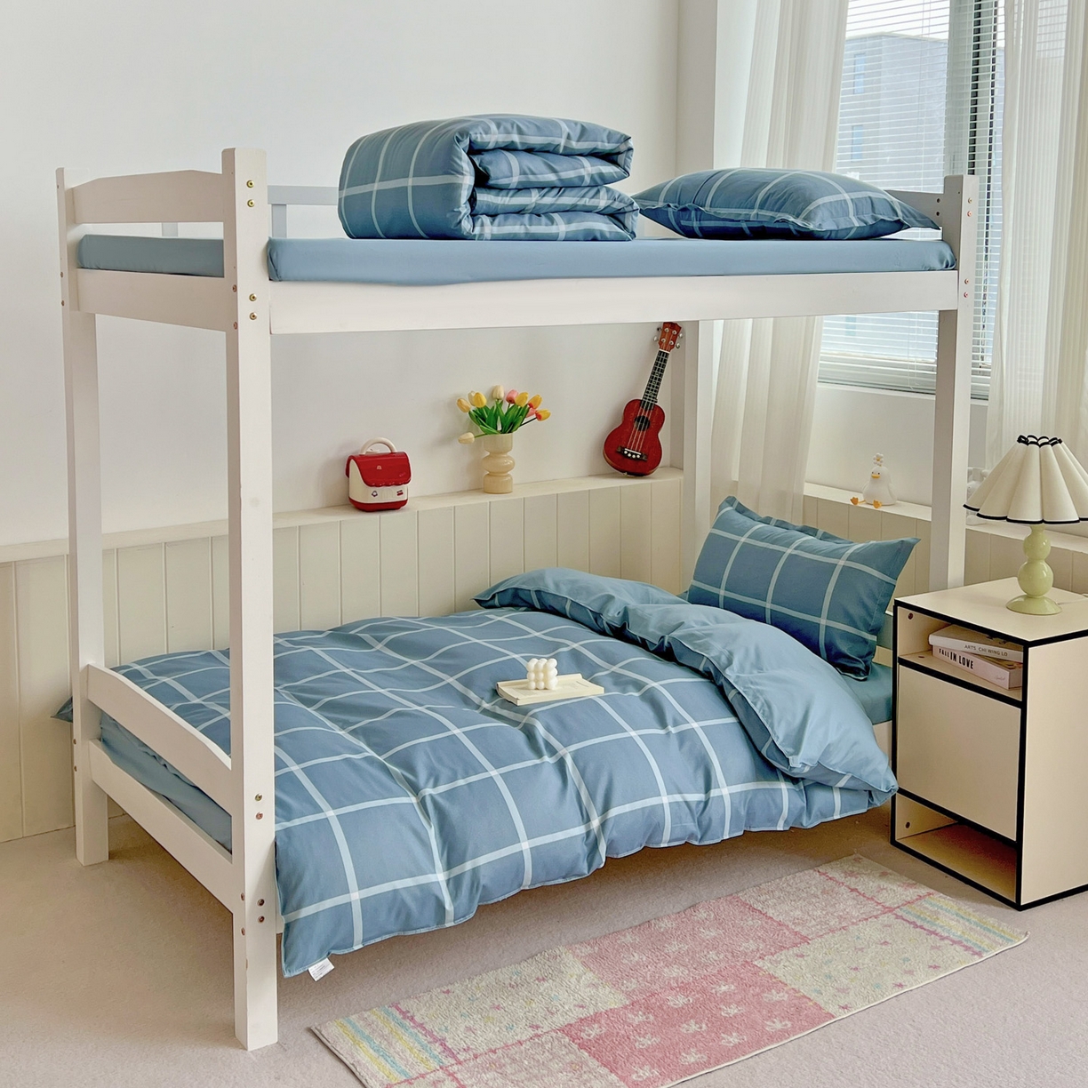 91家纺网 家纺一手货源 找家纺 楠沐家纺 2025新款格子系列芦荟棉学生三件套四件套 海蓝大格