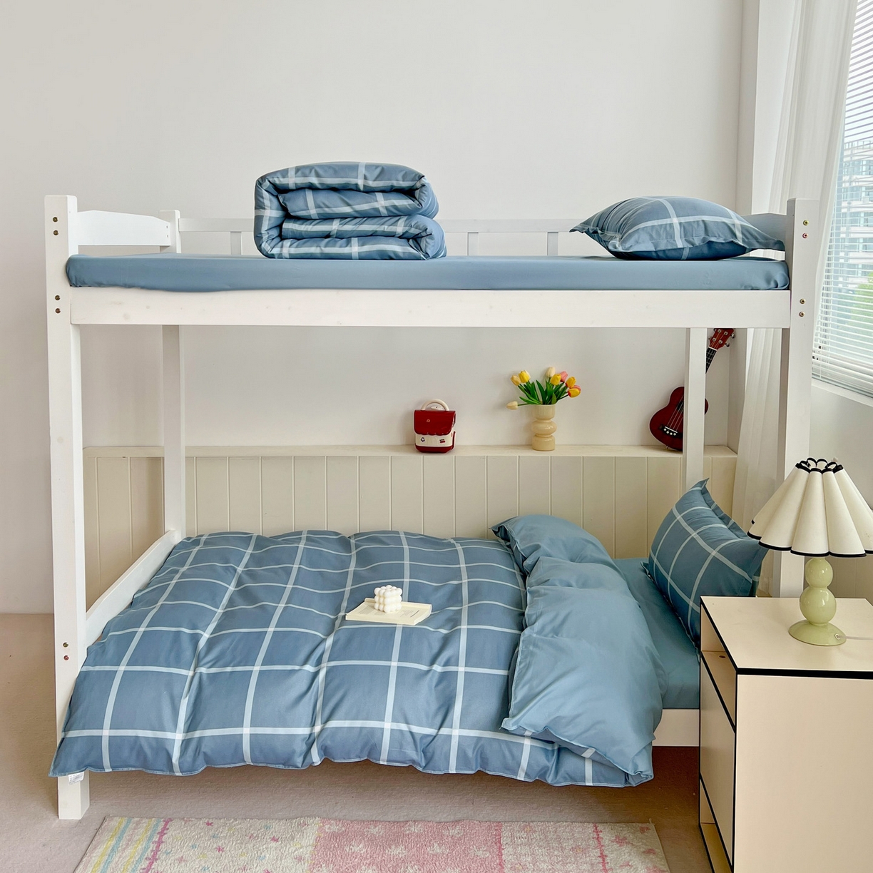 91家纺网 家纺一手货源 找家纺 楠沐家纺 2025新款格子系列芦荟棉学生三件套四件套 海蓝大格