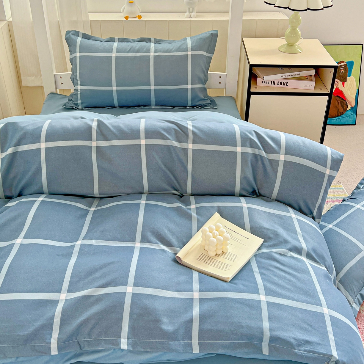 91家纺网 家纺一手货源 找家纺 楠沐家纺 2025新款格子系列芦荟棉学生三件套四件套 海蓝大格