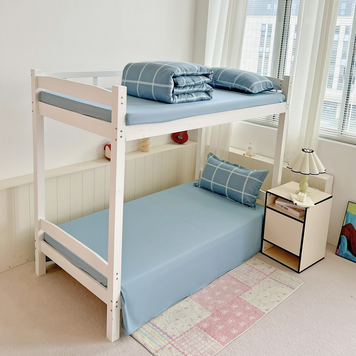 91家纺网 家纺一手货源 找家纺 楠沐家纺 2025新款格子系列芦荟棉学生三件套四件套 海蓝大格