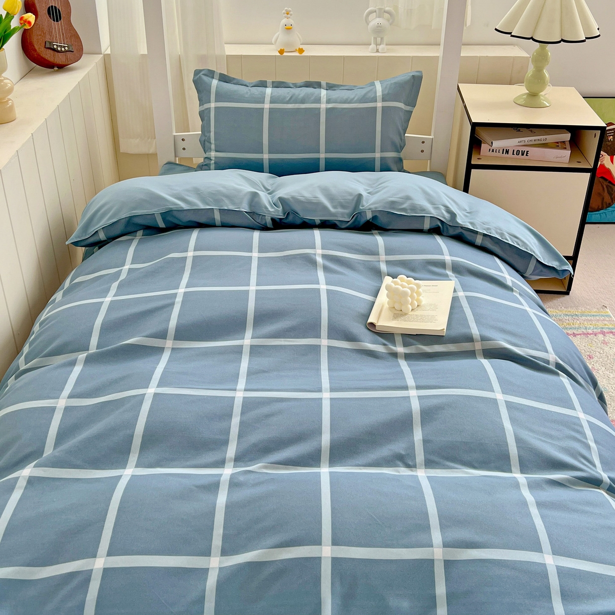 91家纺网 家纺一手货源 找家纺 楠沐家纺 2025新款格子系列芦荟棉学生三件套四件套 海蓝大格