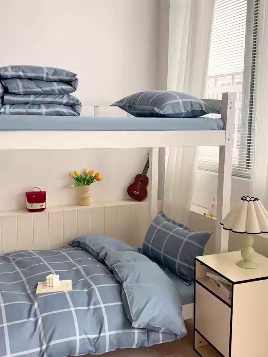 91家纺网 家纺一手货源 找家纺 楠沐家纺 2025新款格子系列芦荟棉学生三件套四件套 海蓝大格