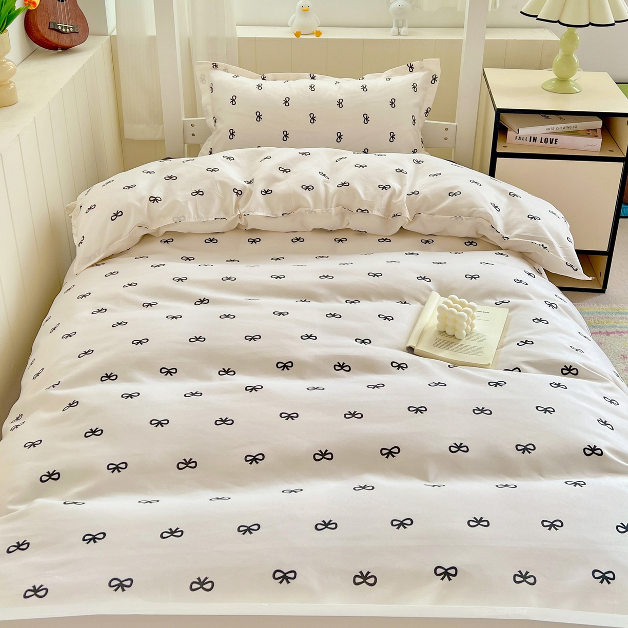 91家纺网 家纺一手货源 找家纺 楠沐家纺 2025新款格子系列芦荟棉学生三件套四件套 黑蝴蝶结