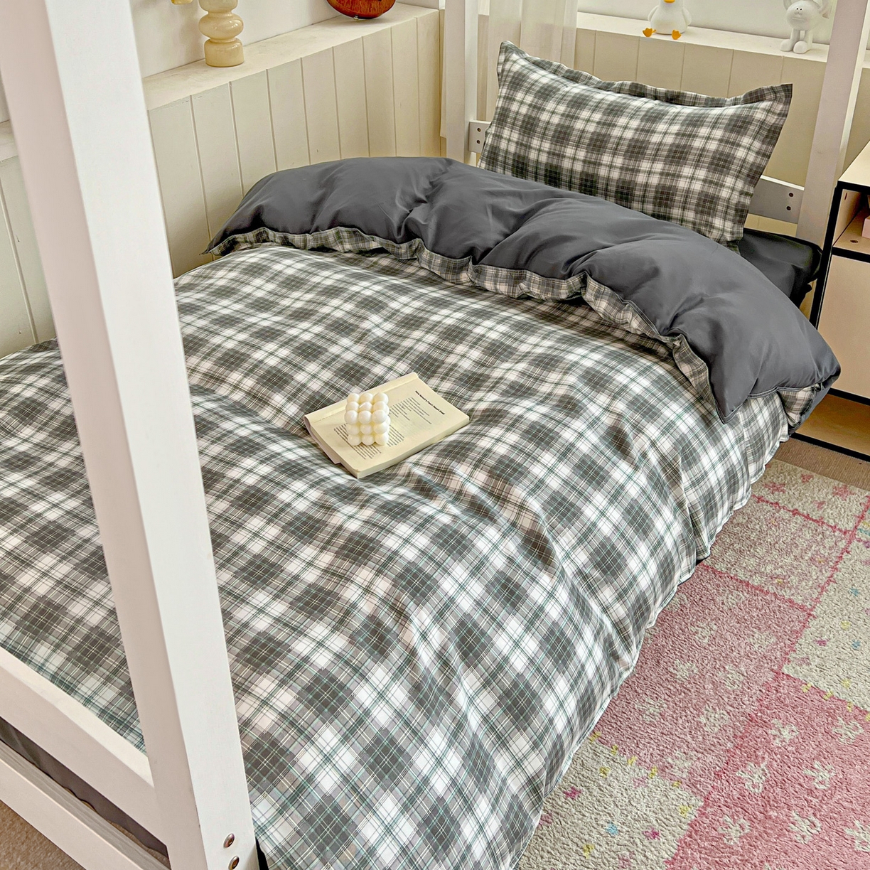 楠沐家纺 2025新款格子系列芦荟棉学生三件套四件套 洛可可灰