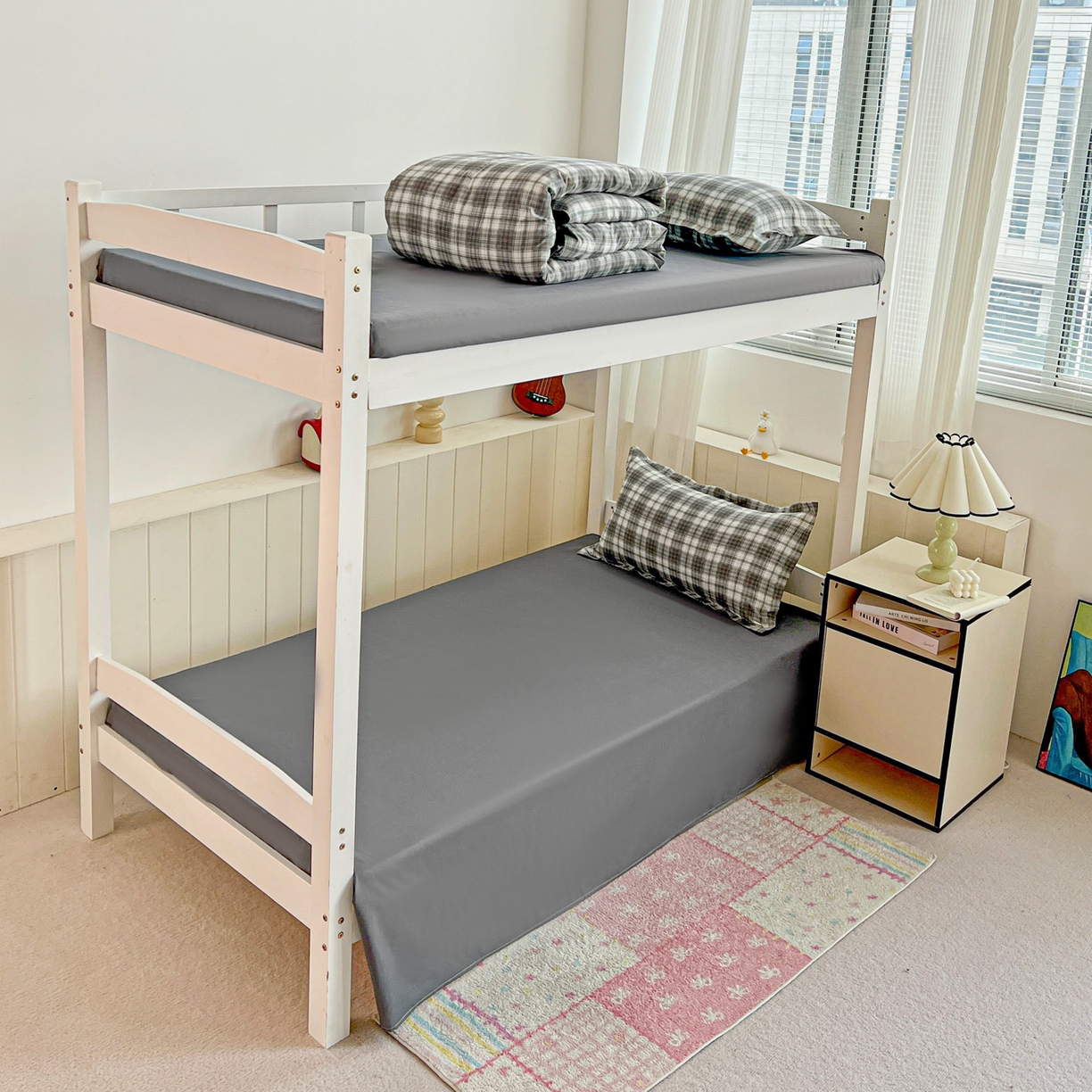 91家纺网 家纺一手货源 找家纺 楠沐家纺 2025新款格子系列芦荟棉学生三件套四件套 洛可可灰