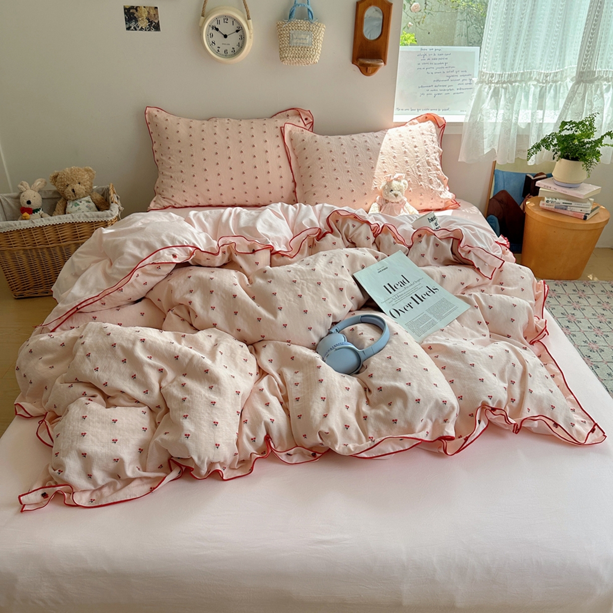 轻奢坊 2025新款小樱桃大提花剪花水洗棉密拷花边四件套 密拷花边小樱桃珊瑚粉