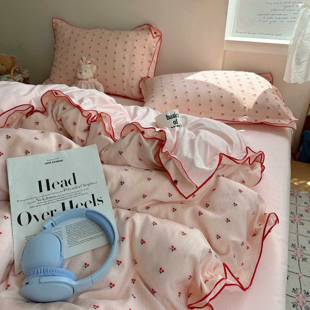 91家纺网 家纺一手货源 找家纺 轻奢坊 2025新款小樱桃大提花剪花水洗棉密拷花边四件套 密拷花边小樱桃珊瑚粉