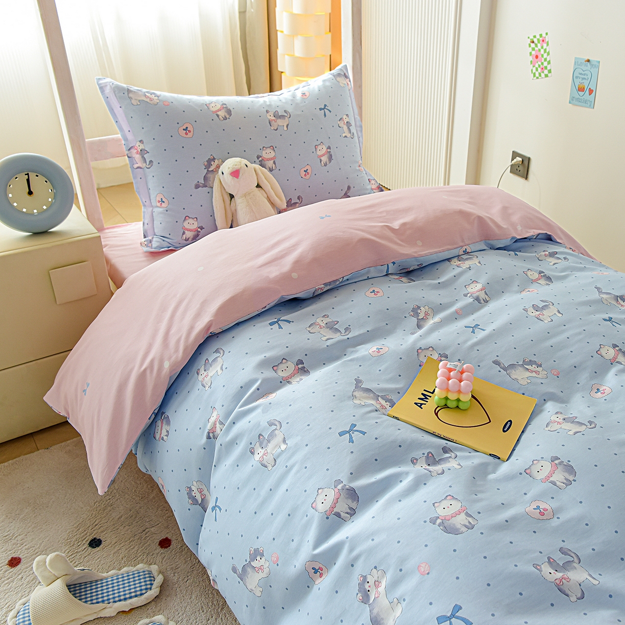 91家纺网 家纺一手货源 找家纺 天之爱 2025新款全棉纯棉印花三件套学生六件套 樱桃小喵