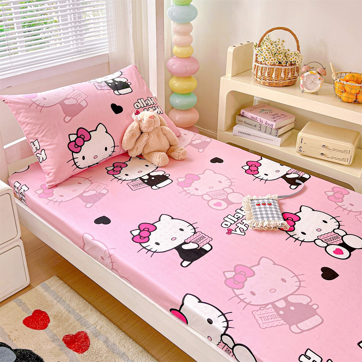 91家纺网 家纺一手货源 找家纺 名兮家居 2025-奥特曼-三丽鸥全棉13372学生床上下铺床笠【含防伪标】 爱心kt