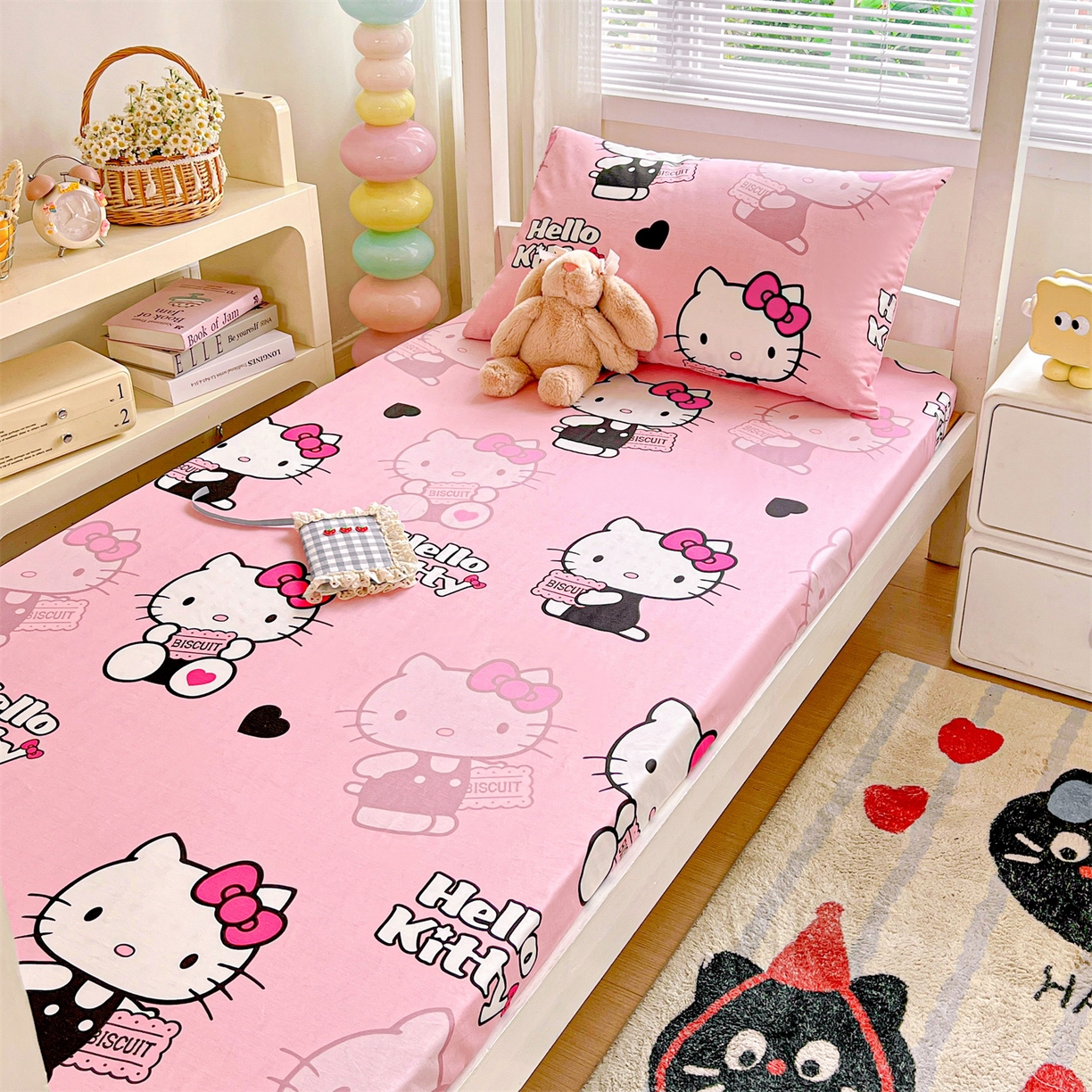 91家纺网 家纺一手货源 找家纺 名兮家居 2025-奥特曼-三丽鸥全棉13372学生床上下铺床笠【含防伪标】 爱心kt