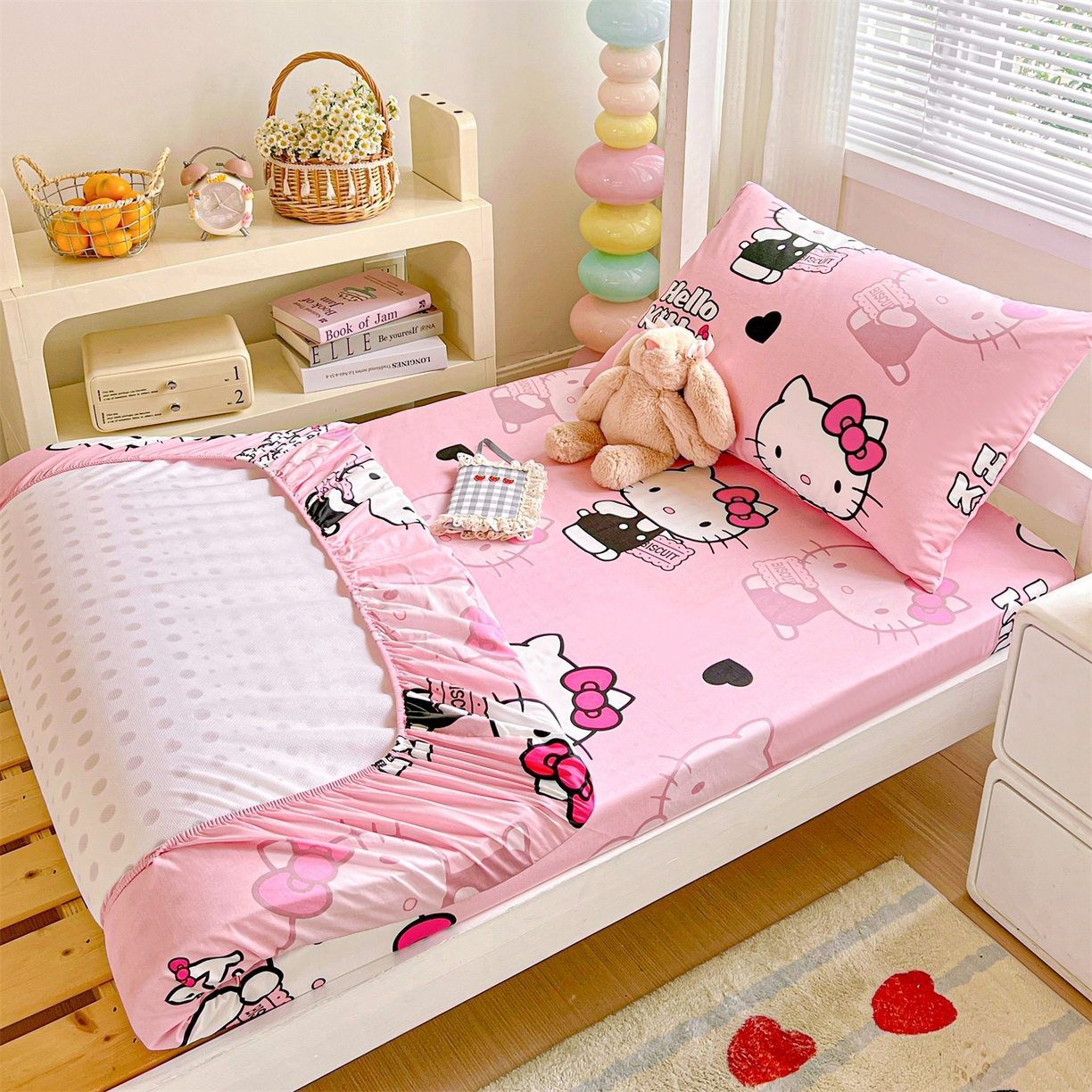 91家纺网 家纺一手货源 找家纺 名兮家居 2025-奥特曼-三丽鸥全棉13372学生床上下铺床笠【含防伪标】 爱心kt