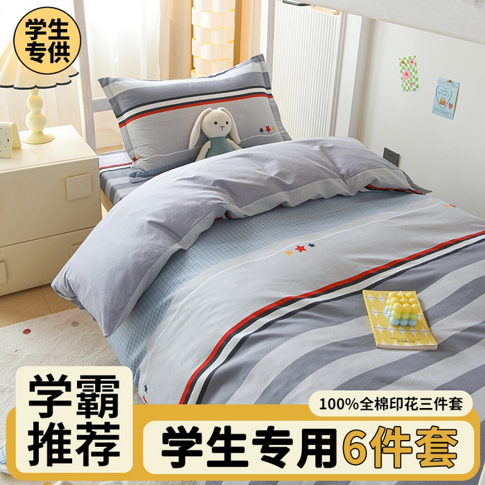 天之爱 2025新款全棉纯棉印花三件套学生六件套 沐光-灰