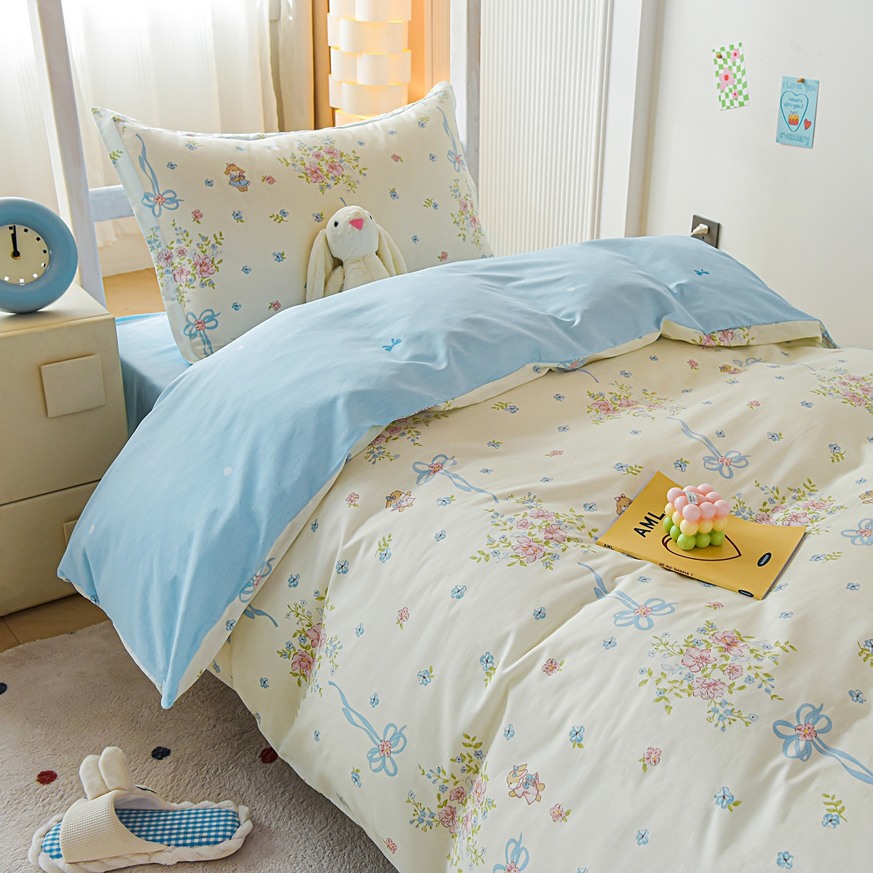 91家纺网 家纺一手货源 找家纺 天之爱 2025新款全棉纯棉印花三件套学生六件套 幽幽花间兔