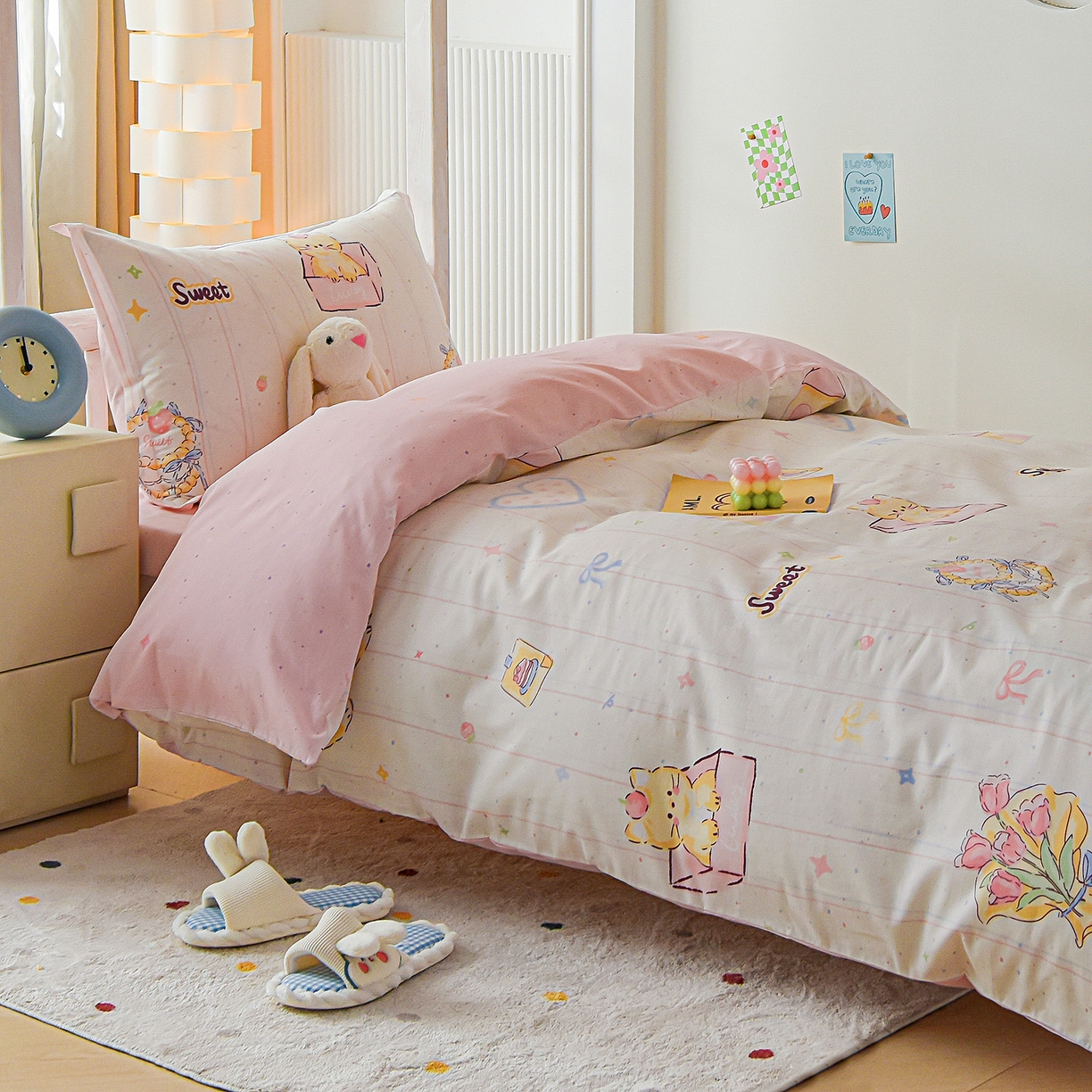 91家纺网 家纺一手货源 找家纺 天之爱 2025新款全棉纯棉印花三件套学生六件套 甜心可爱猫