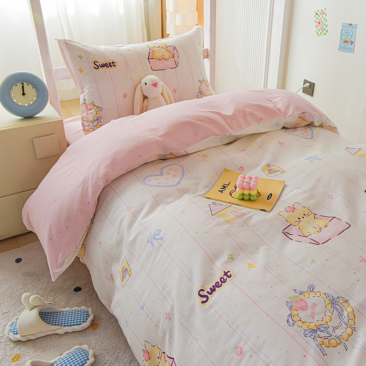 91家纺网 家纺一手货源 找家纺 天之爱 2025新款全棉纯棉印花三件套学生六件套 甜心可爱猫