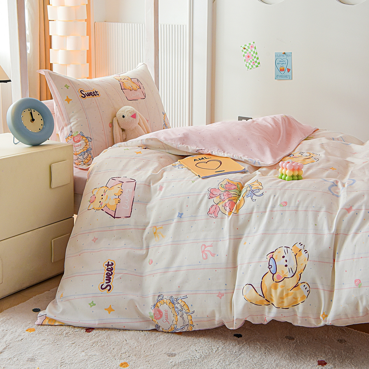 91家纺网 家纺一手货源 找家纺 天之爱 2025新款全棉纯棉印花三件套学生六件套 甜心可爱猫