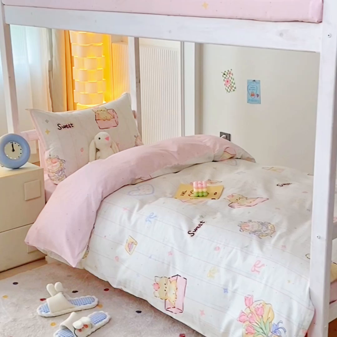 91家纺网 家纺一手货源 找家纺 天之爱 2025新款全棉纯棉印花三件套学生六件套 甜心可爱猫