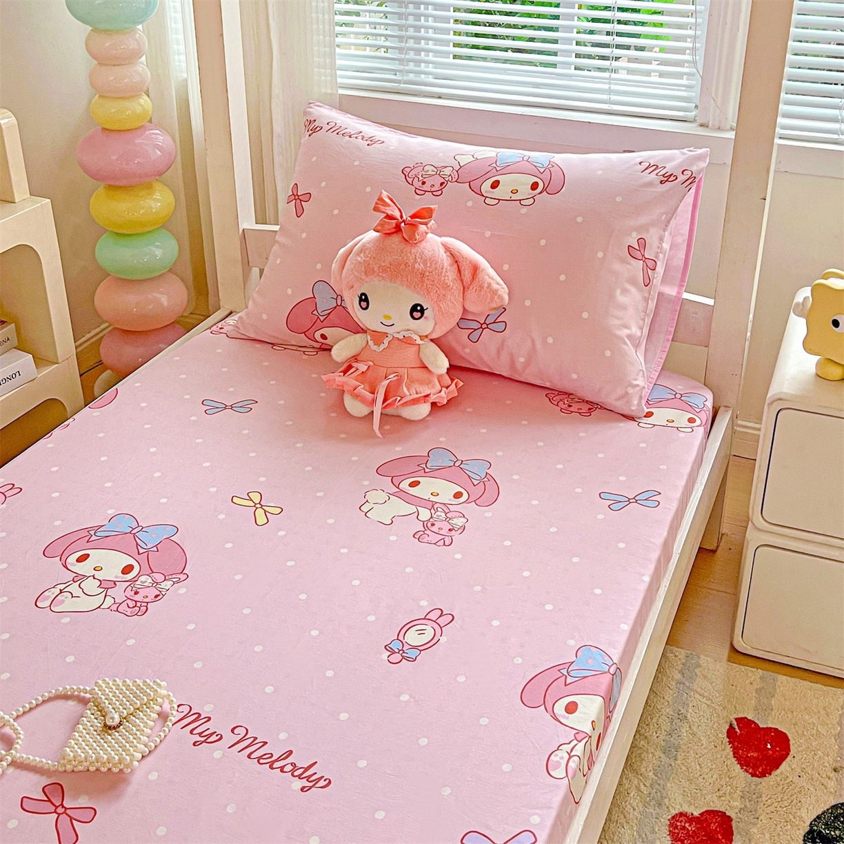 91家纺网 家纺一手货源 找家纺 名兮家居 2025-奥特曼-三丽鸥全棉13372学生床上下铺床笠【含防伪标】 魔法美乐蒂