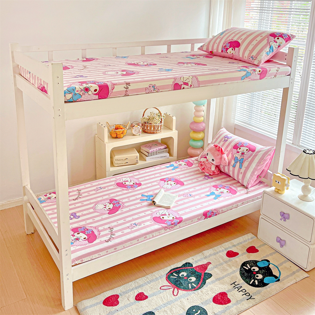 91家纺网 家纺一手货源 找家纺 名兮家居 2025-奥特曼-三丽鸥全棉13372学生床上下铺床笠【含防伪标】 竖条美乐蒂