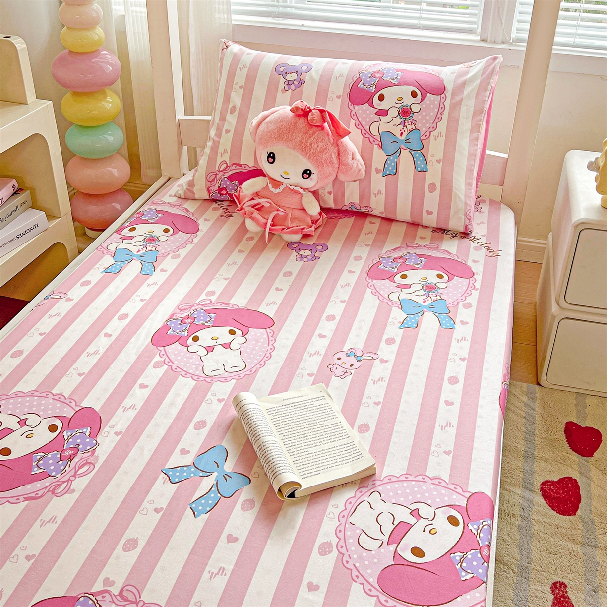 91家纺网 家纺一手货源 找家纺 名兮家居 2025-奥特曼-三丽鸥全棉13372学生床上下铺床笠【含防伪标】 竖条美乐蒂